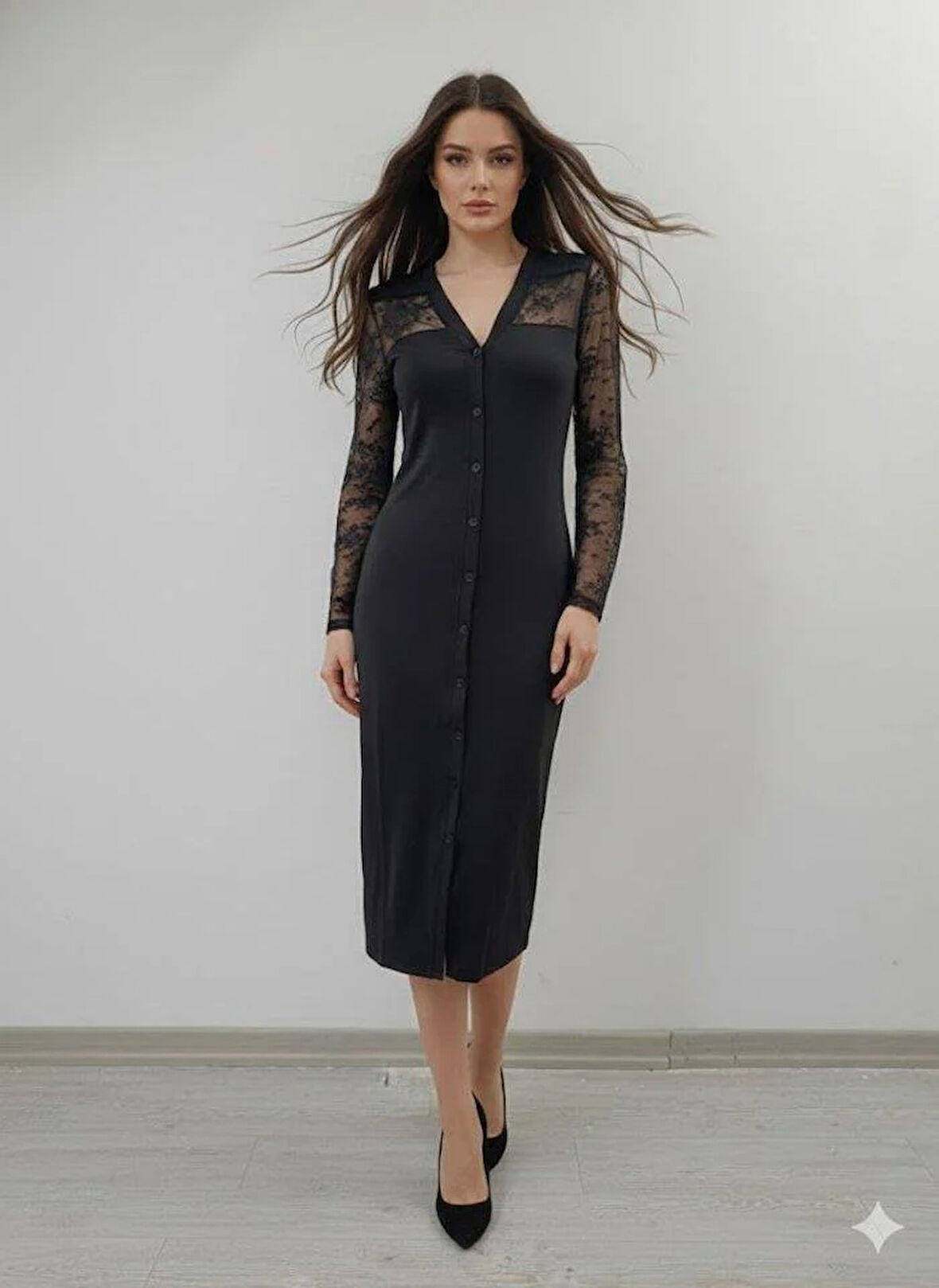 Kadın Uzun Kollu Transparan Detay Midi Boy Elbise