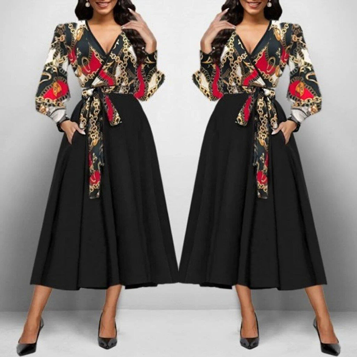 Kadın Uzun Kollu Kruvaze Yaka Dalgıç Krep Midi Boy Elbise