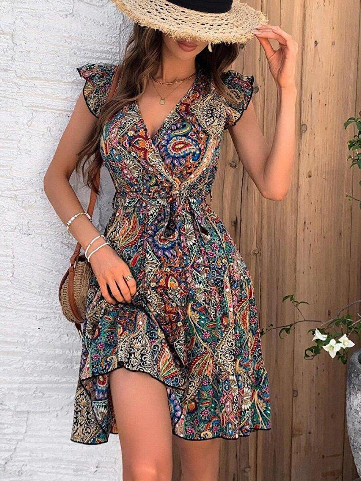 Kadın Kısa Kelebek Kollu Kruvaze Yakalı Süprem Elbise