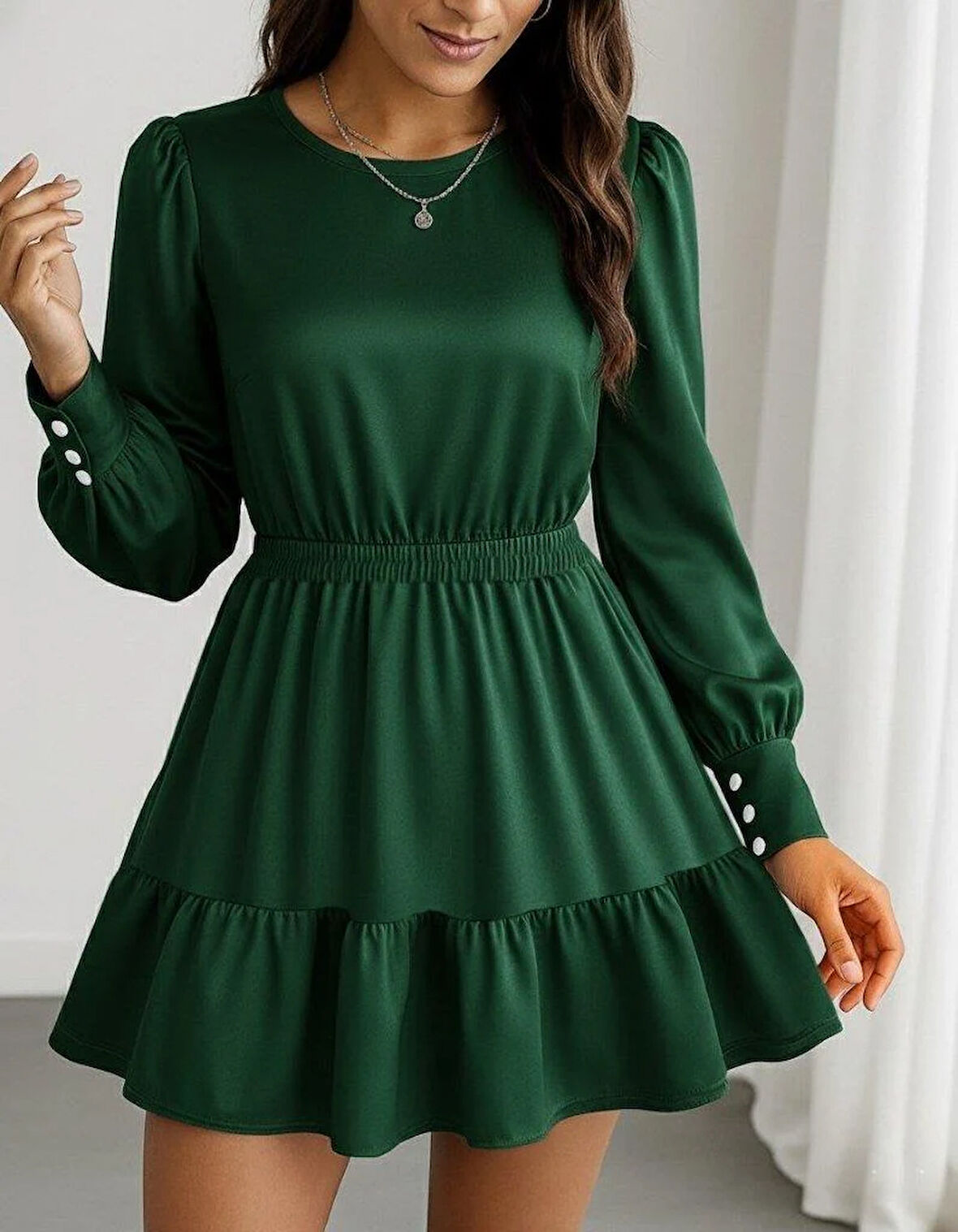 Kadın Uzun Kollu Bisiklet Yaka Beli Lastikli Fırfırlı Ithal Krep Elbise