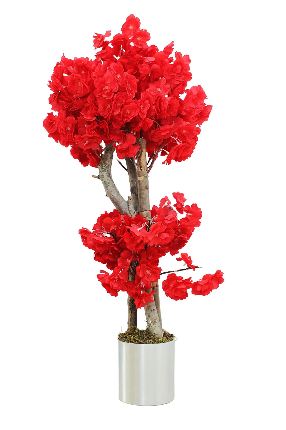 Yapay Ağaç Kırmızı Bahar Dalı 90 Cm Metal Saksıda