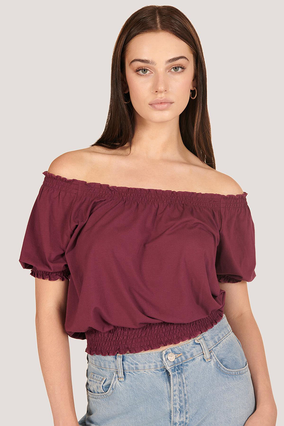 P-004931 - Kadın Düşük Omuzlu Kısa Kollu Beli Lastikli Örme Bluz - KİREMİT