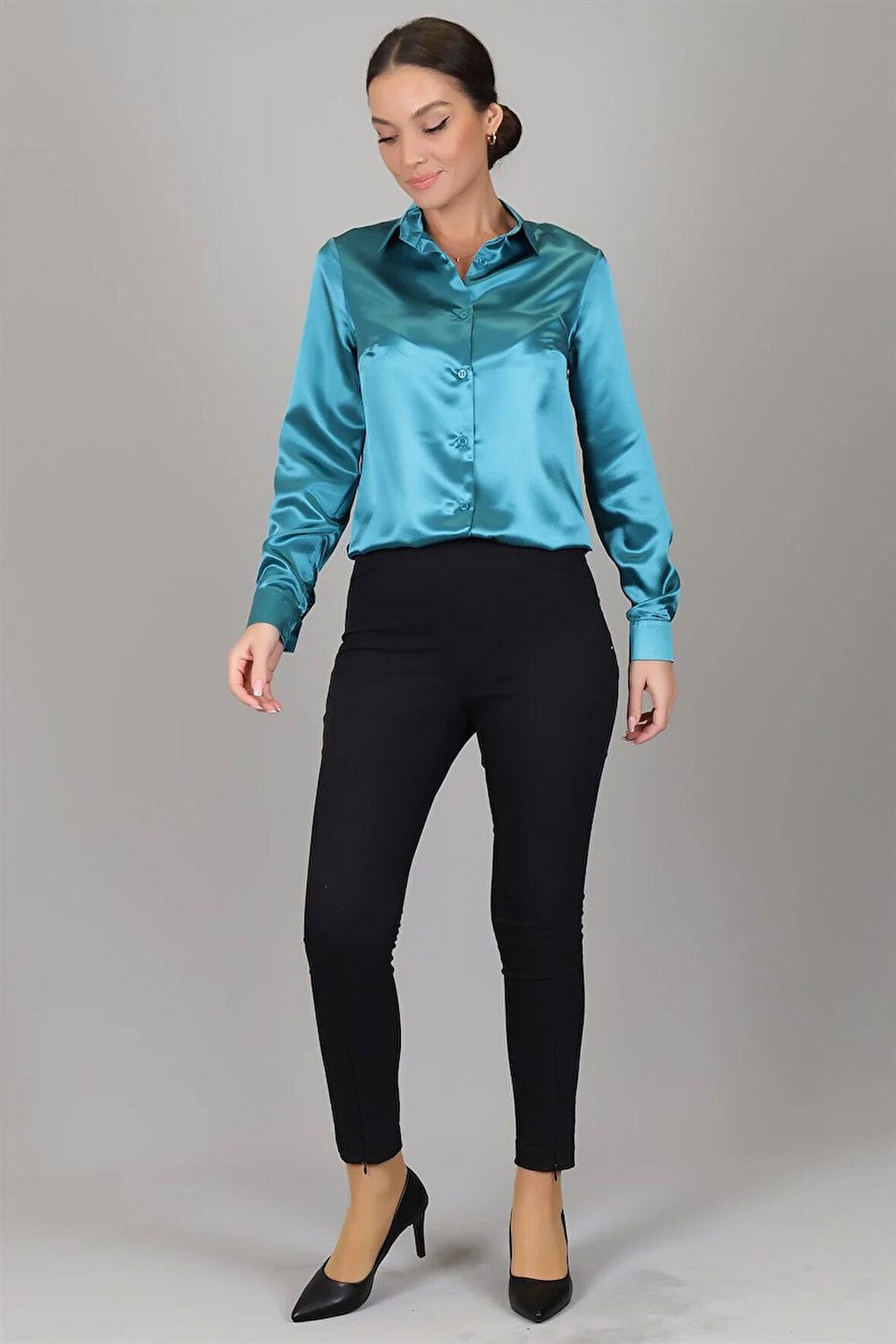 SWEETNESS Kadın Petrol Yeşili Saten Uzun Kol Abiye Gömlek