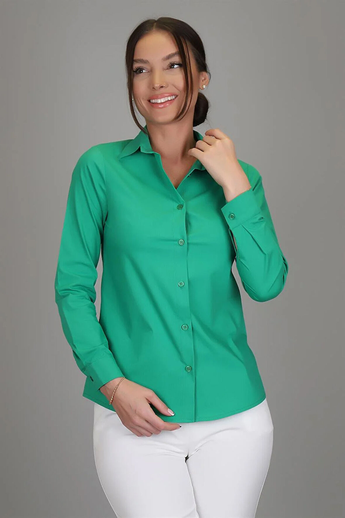 Sweetness Kadın Koyu Yeşil Likralı Uzun Kol Pamuklu Klasik Gömlek