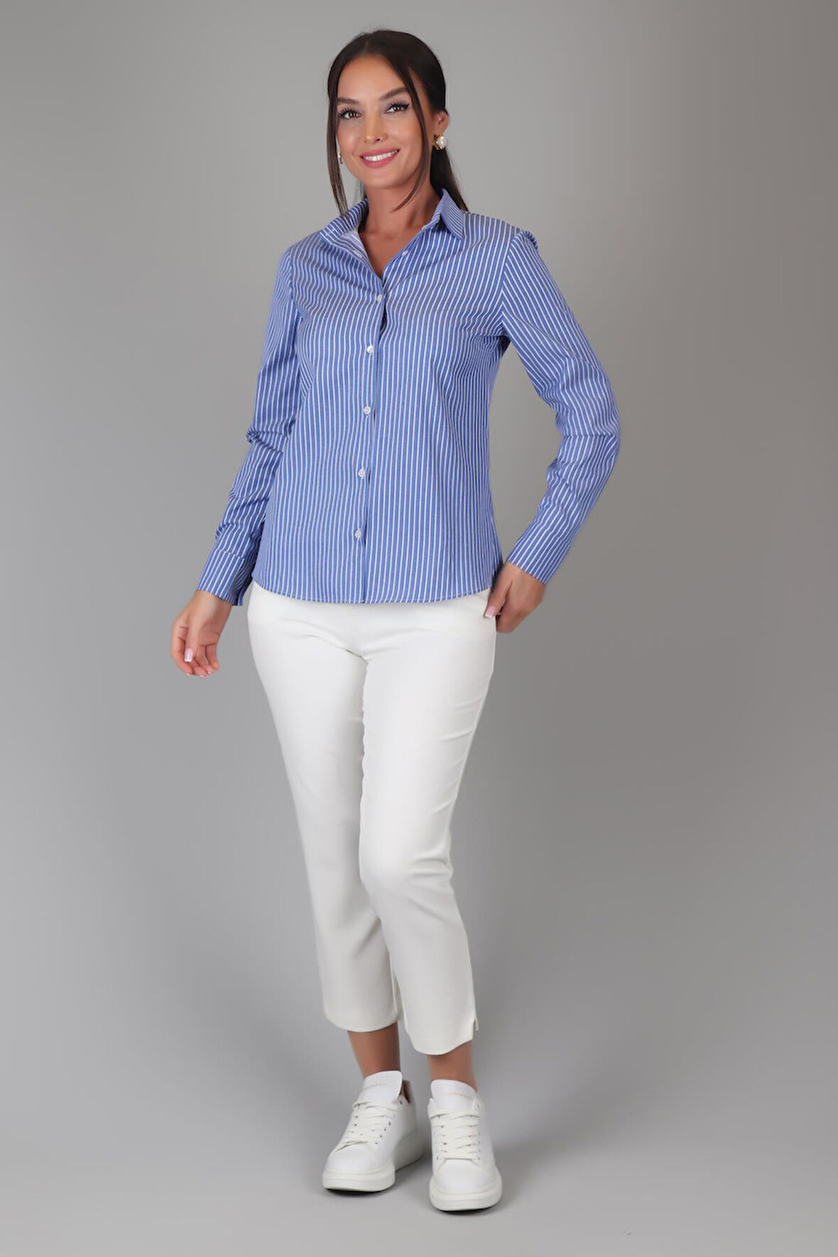 SWEETNESS Kadın İndigo Çizgili Uzun Kollu Likralı Pamuklu Klasik Gömlek DK002-4