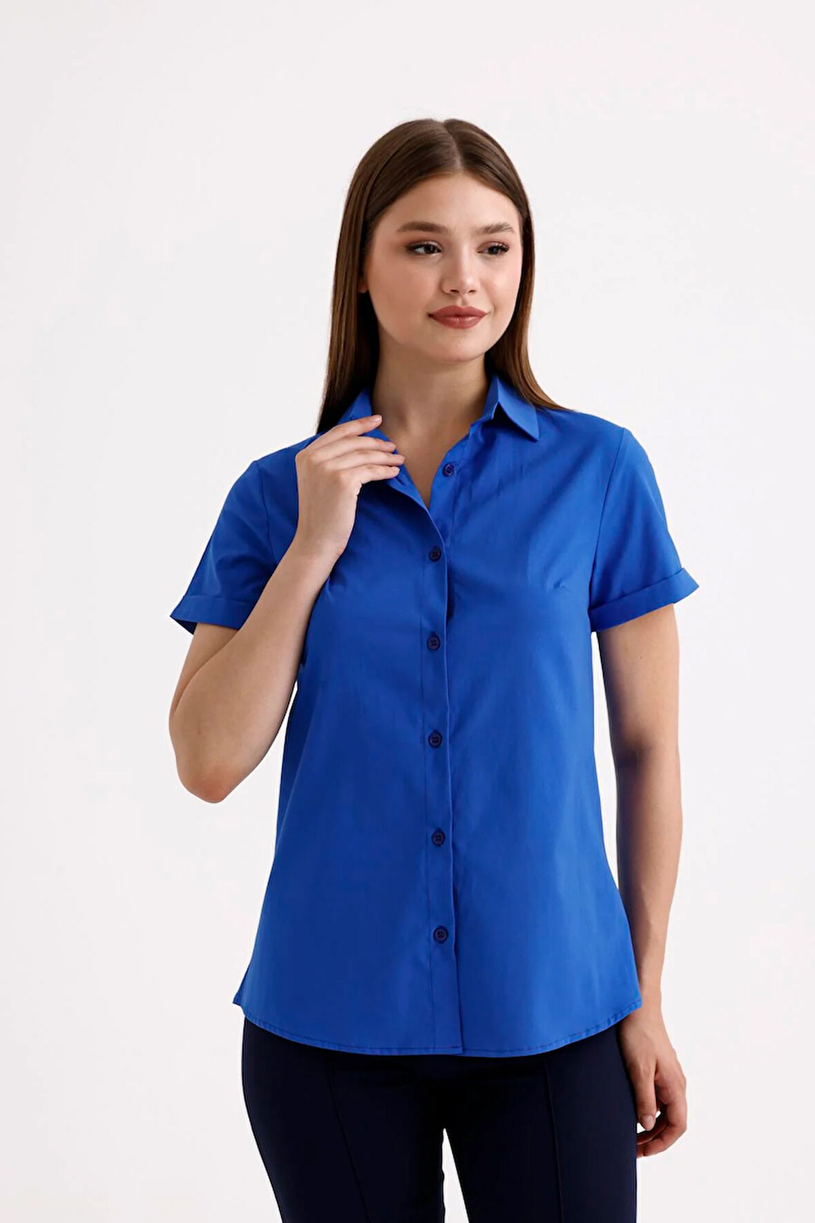 SWEETNESS Kadın Saks  Likralı Kısa Kol Pamuklu Klasik Gömlek