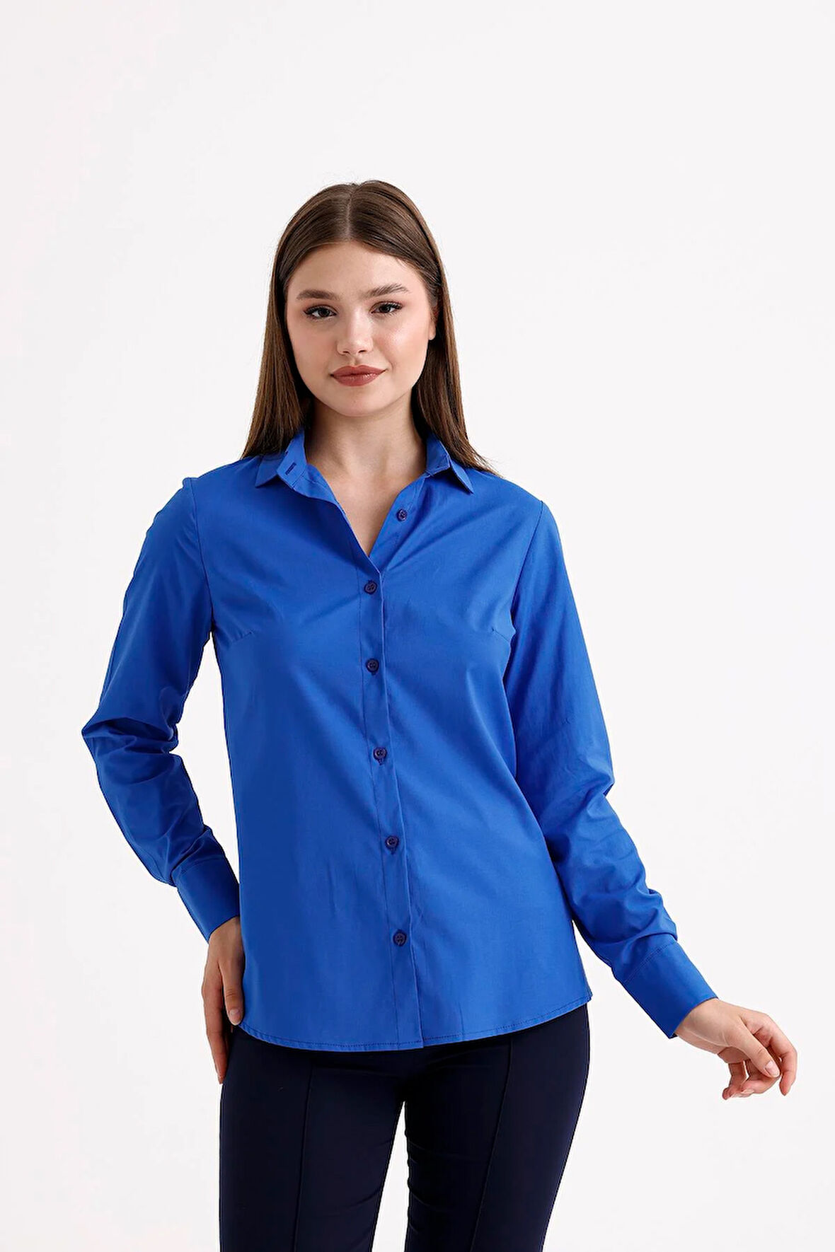 Sweetness Kadın Saks Likralı Uzun Kol Pamuklu Klasik Gömlek