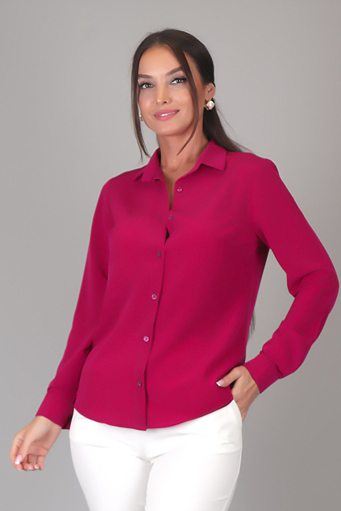 SWEETNESS Kadın Fuşya İpek Kumaş Uzun Kol Gömlek 