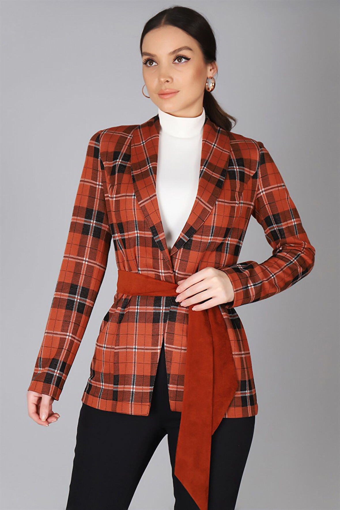 Sweetness Kadın Kiremit Kemer Detaylı Ekose Ceket