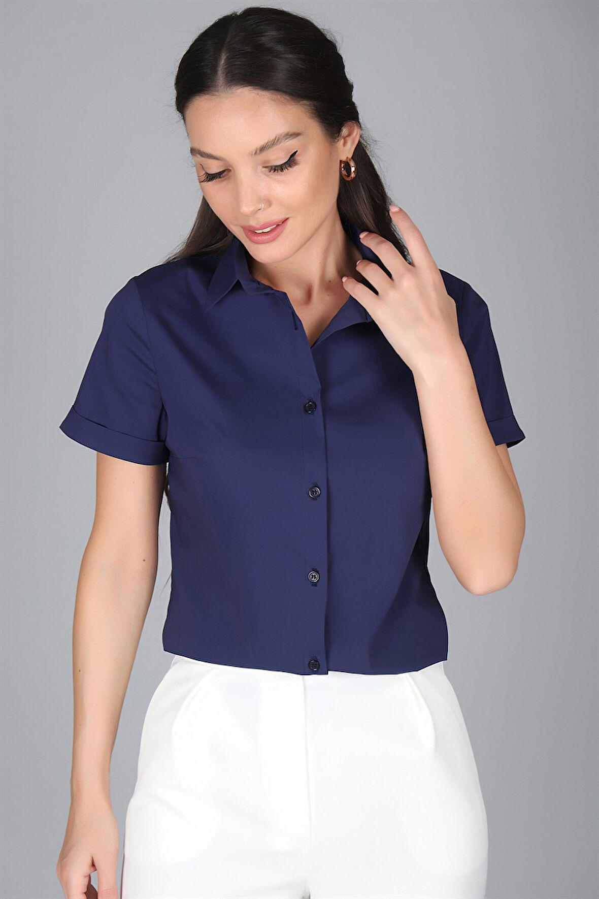 SWEETNESS Kadın Lacivert Kısa Kollu Pamuklu Likralı Gömlek 