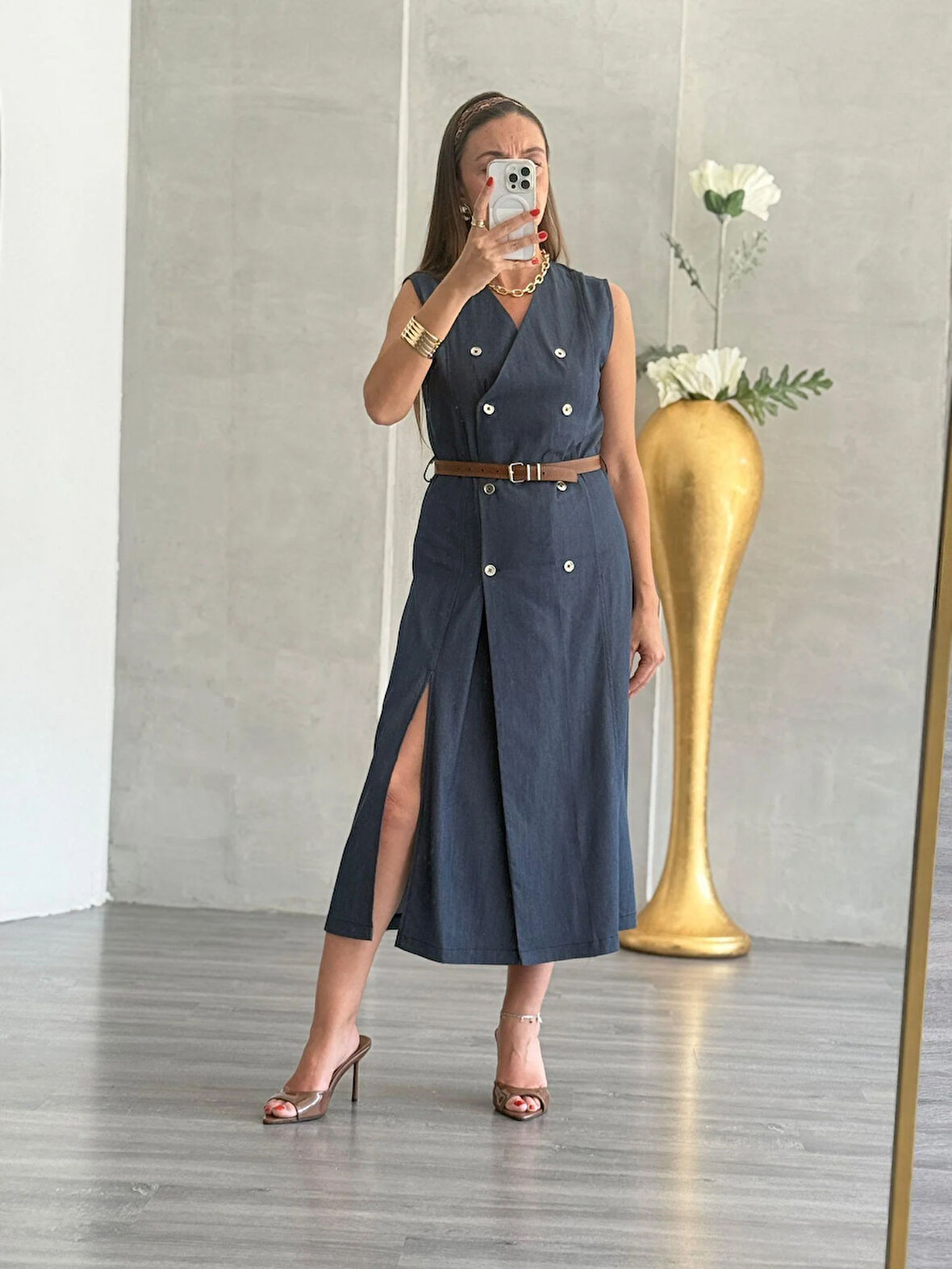 Kruvaze Yaka Kemerli Elbise