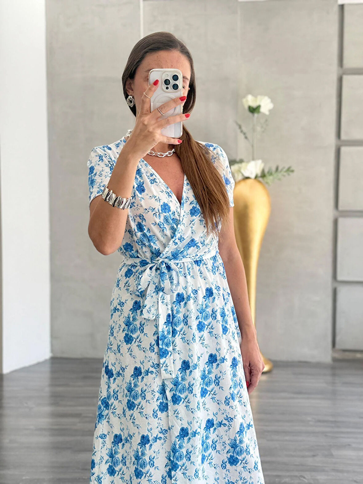 Kısa Kollu Çiçek Desen Midi Süprem Elbise