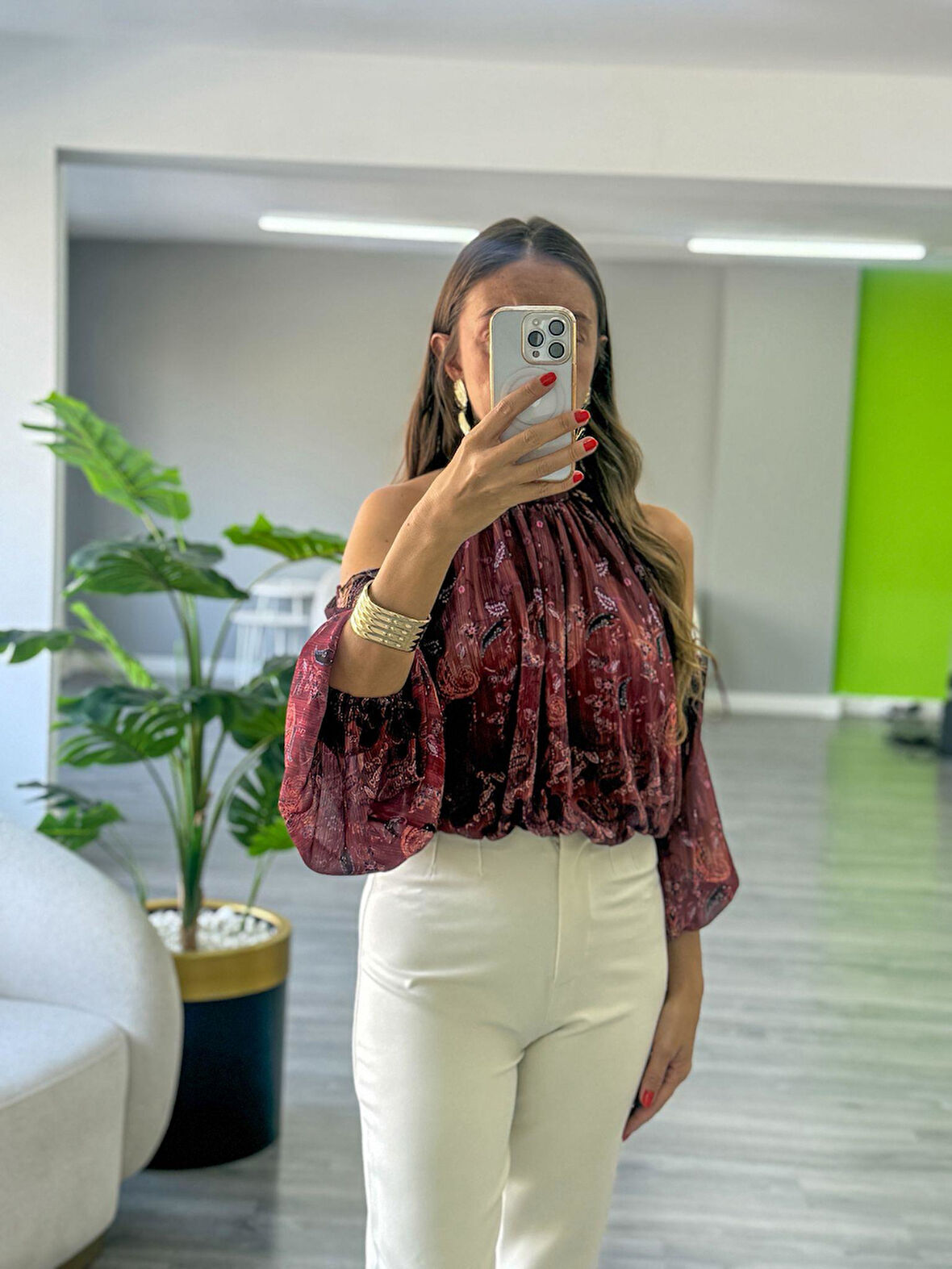 Şal Desenli Omuz Detaylı Bluz