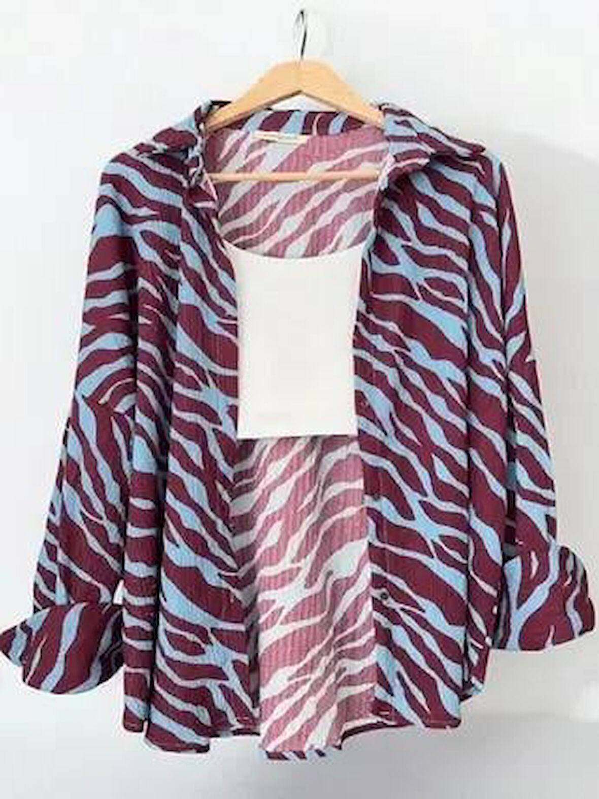 Mavi-Bordo Desenli Oversize Gömlek