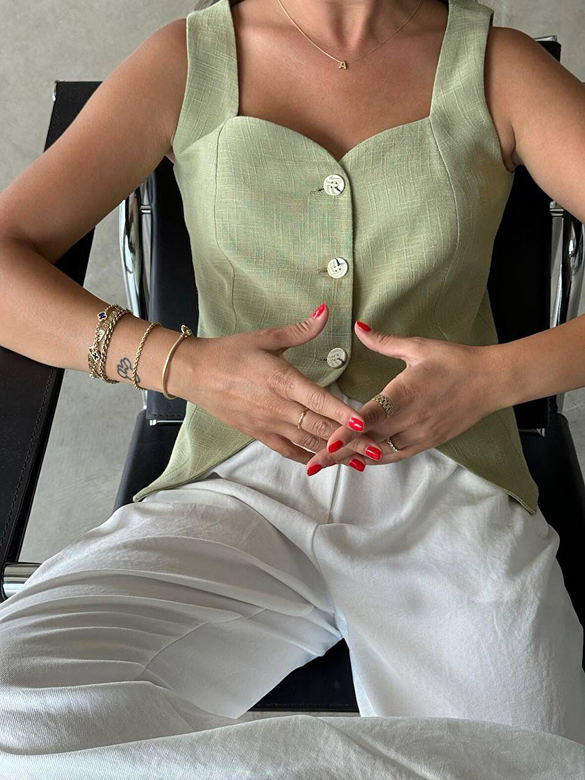 Pamuk Keten Dügmeli Yelek