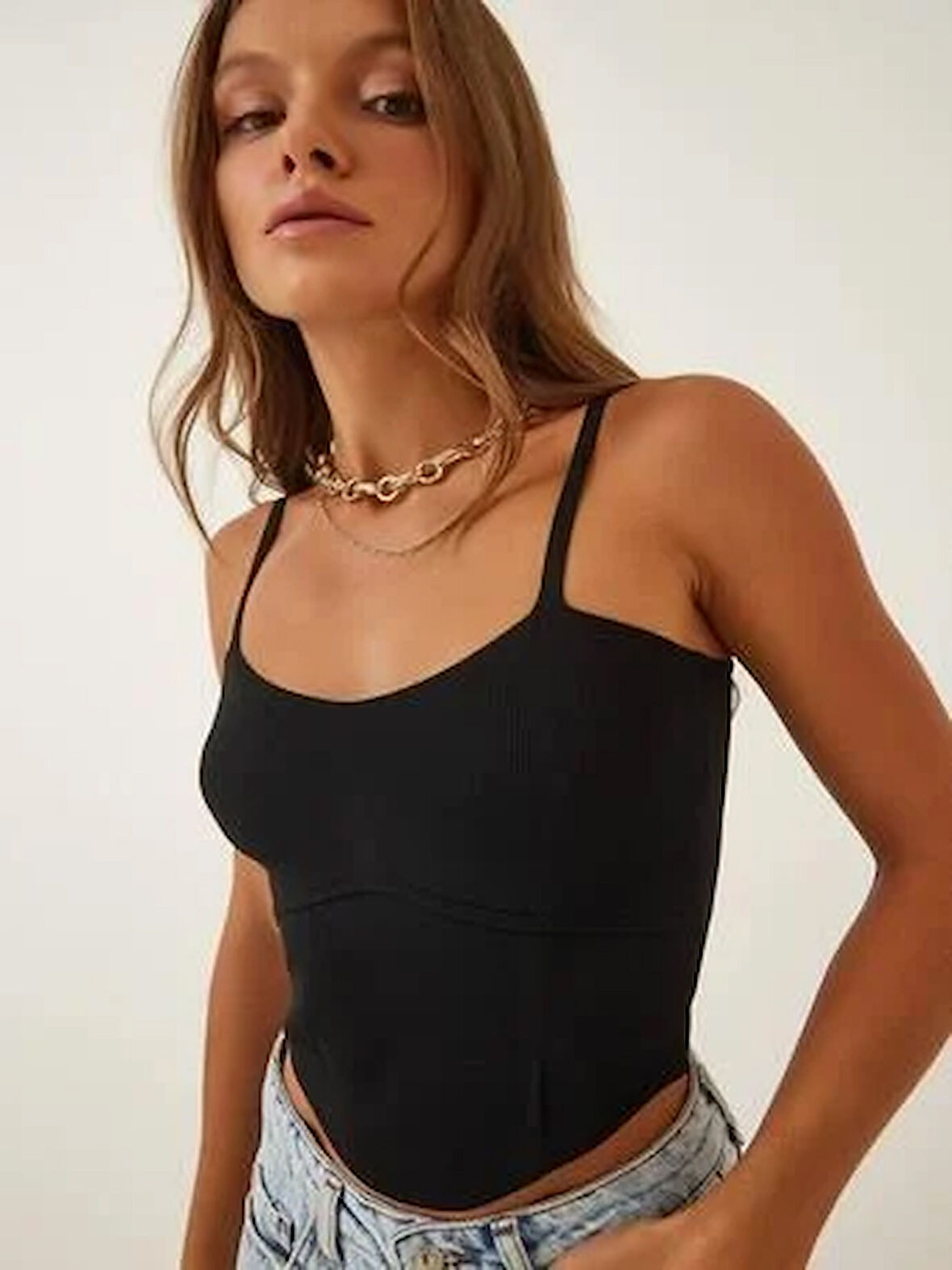 Askılı Siyah Triko Crop