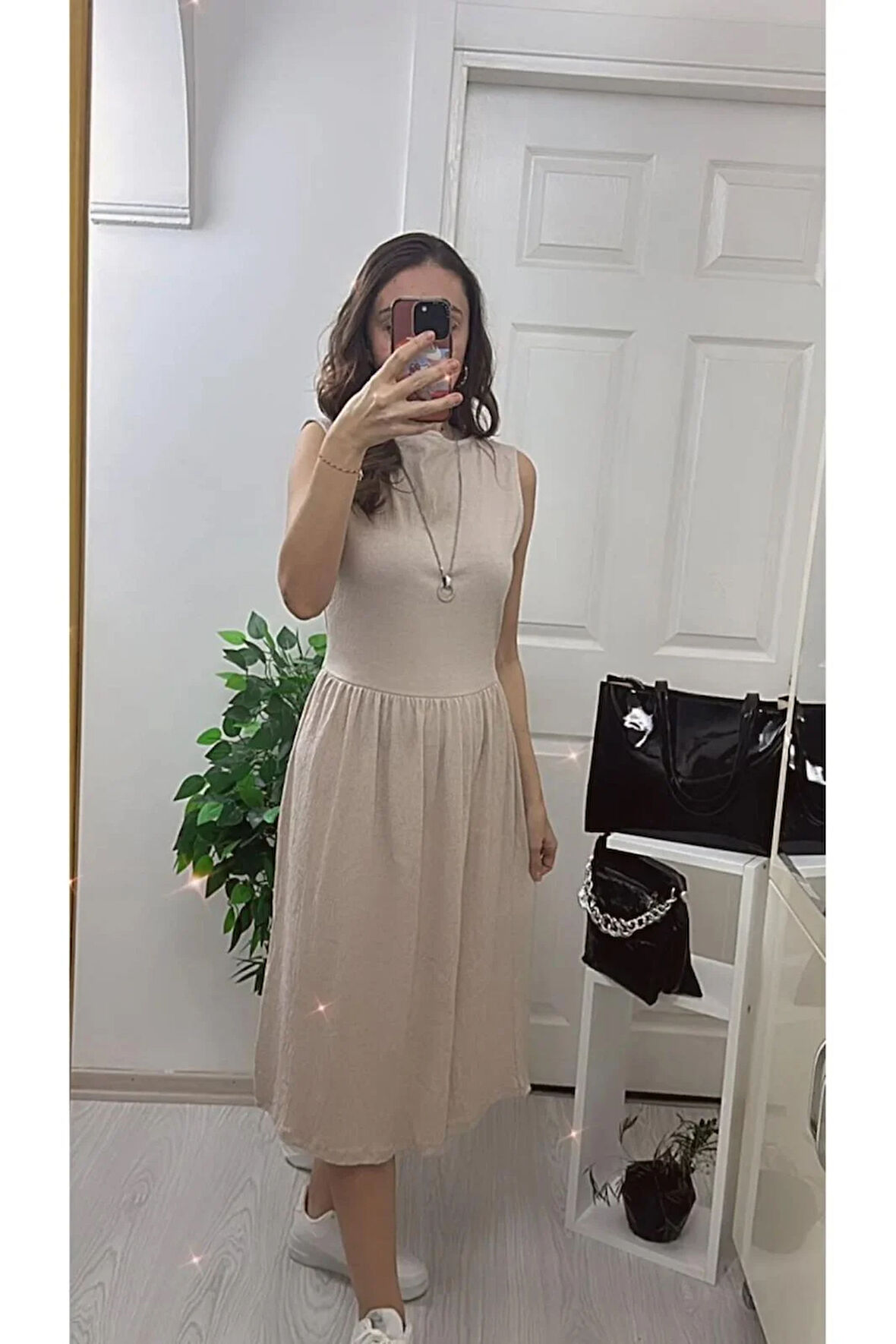 Taş Rengi Bel Lastikli Elbise