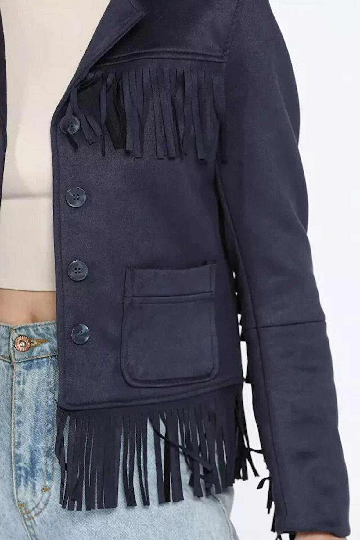 Lacivert Püsküllü Süet Ceket