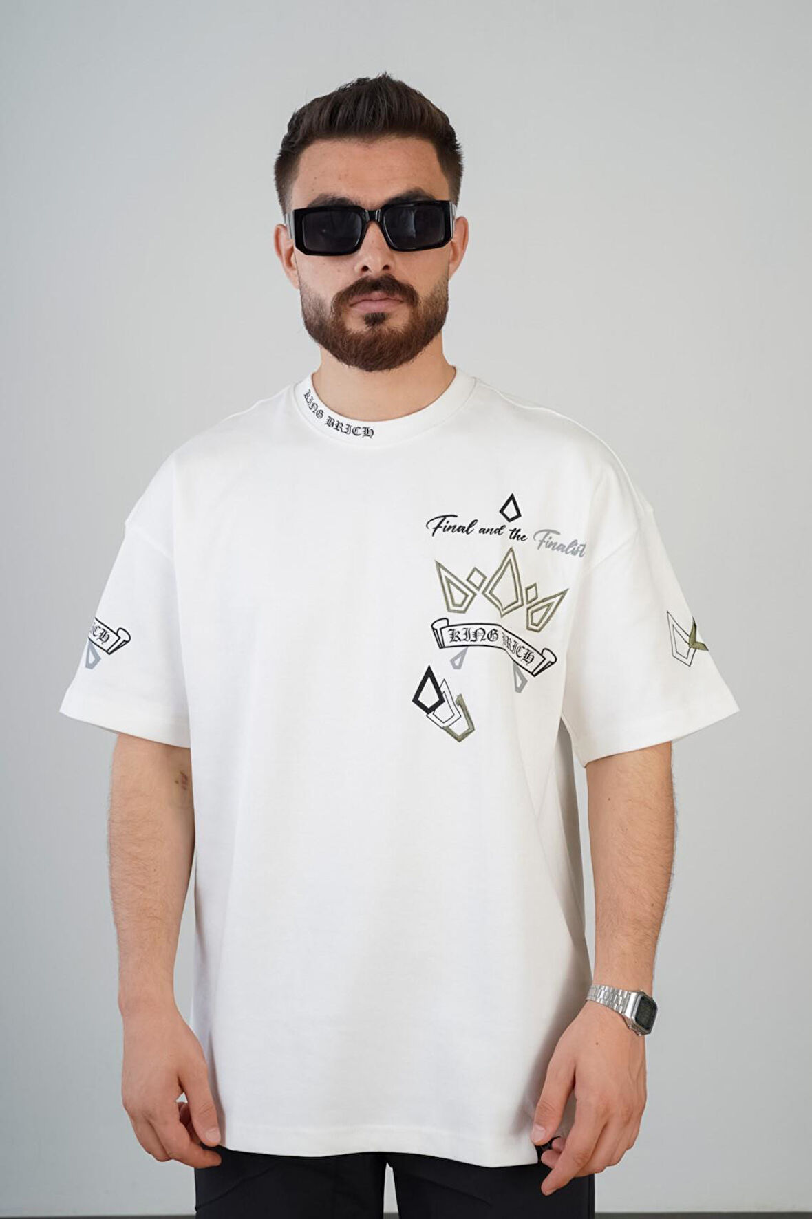 Bisiklet Yaka Logo Baskılı Nakışlı Double Face Oversize Kesim Erkek Tişört