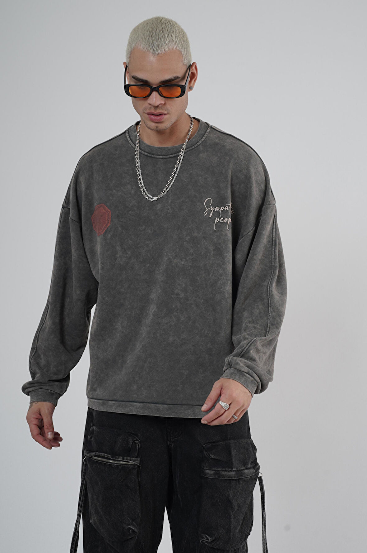 Bisiklet Yaka Ön ve Arka Basılı Yıkamalı Oversize Kalıp Unisex Sweatshirt