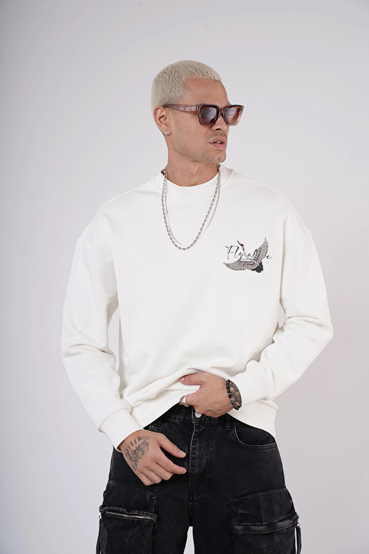 King Brich Bisiklet Yaka Leylek Baskılı Nakış Detaylı Sweatshirt