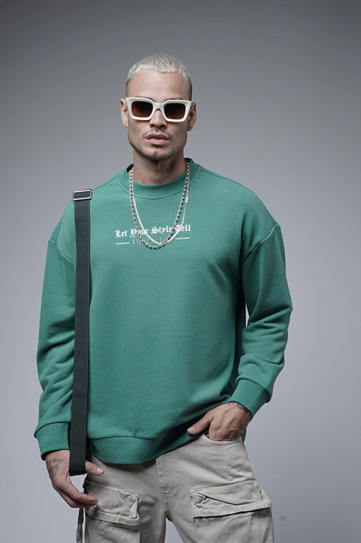 Oversize Kalıp Baskılı Yaka Kol Ribanalı Sweat