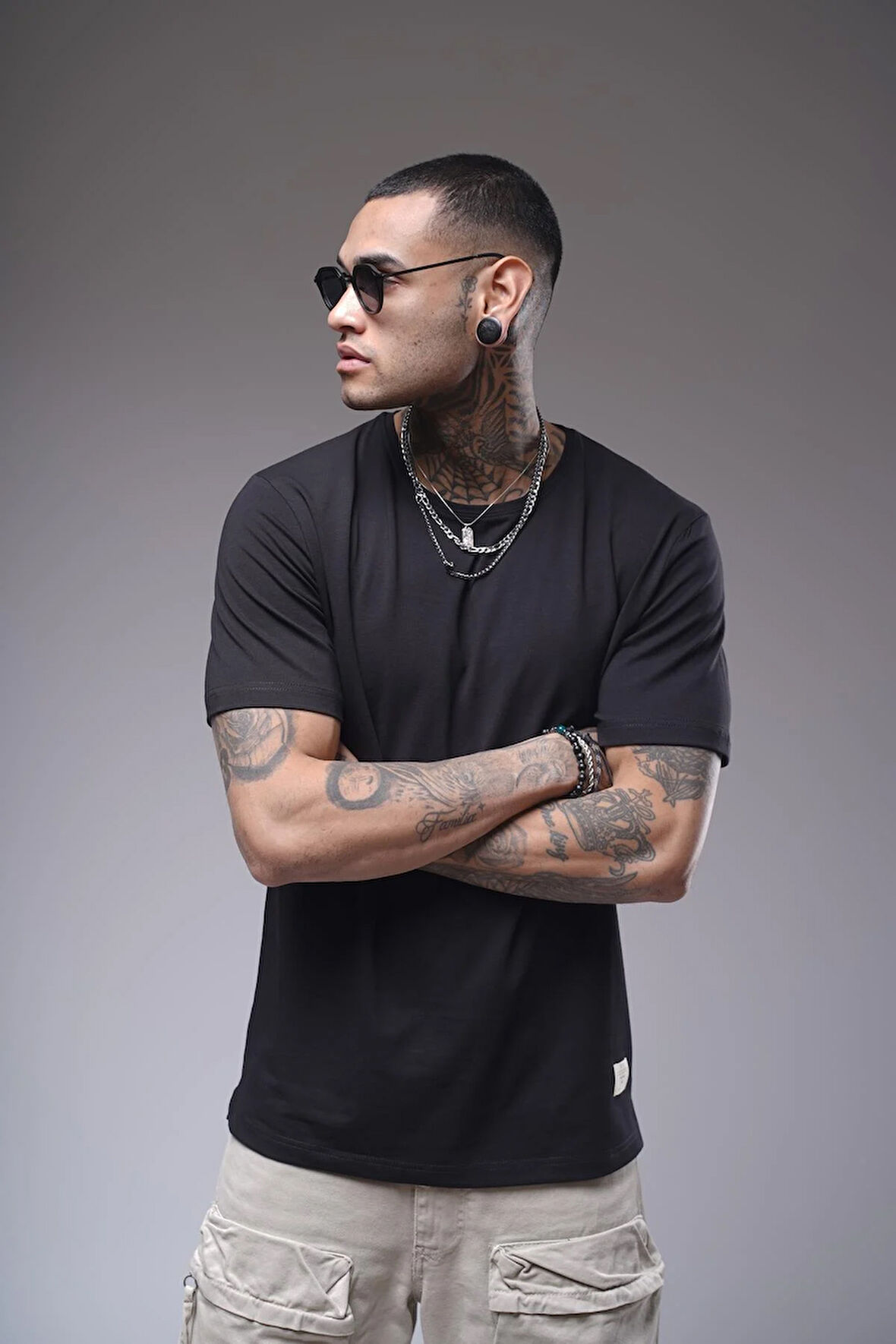 Bisiklet Yaka Likralı Düz Basic Erkek Regular Kalıp Tişört