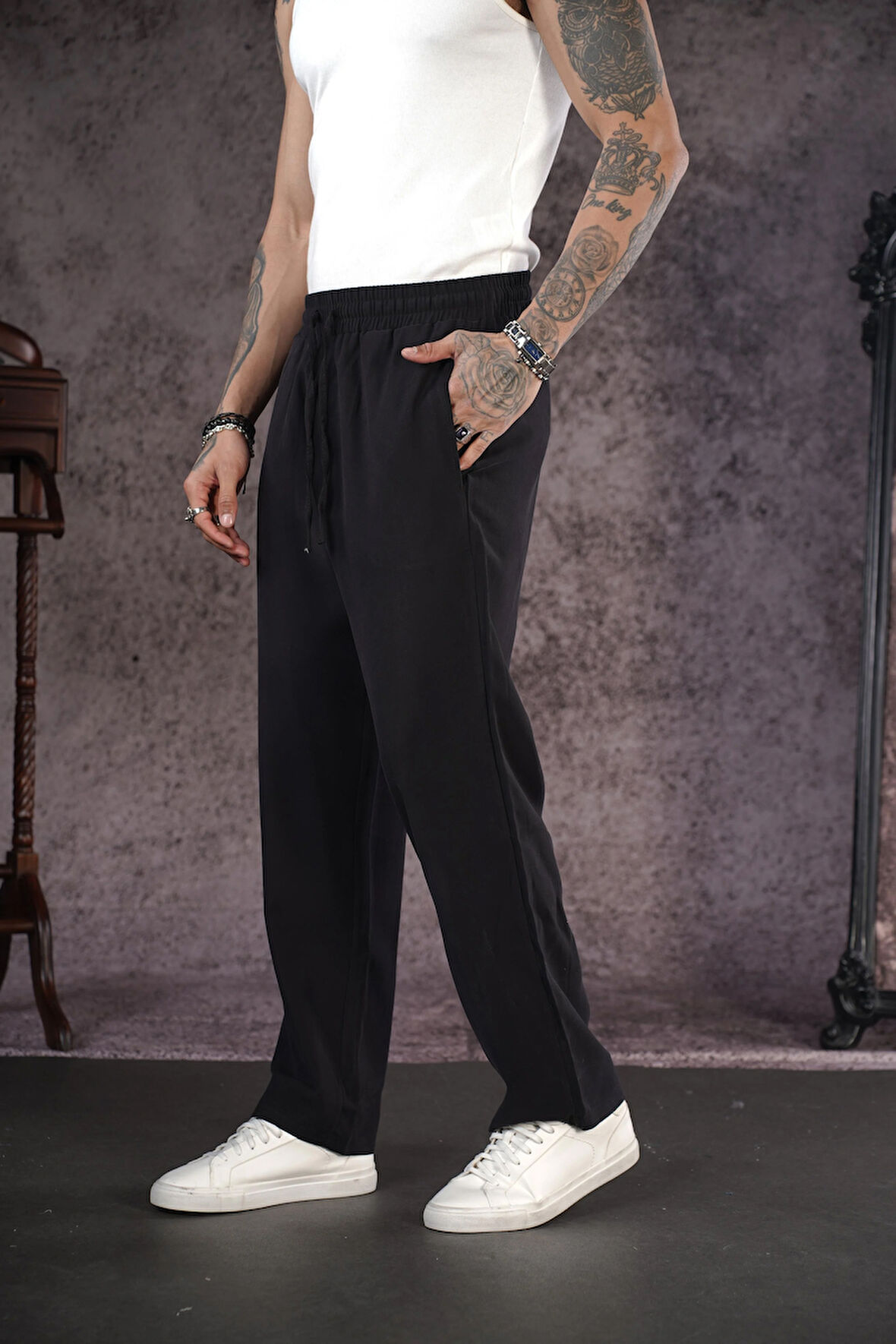 Beli Lastikli Cepli Baggy Kalıp Erkek Siyah Pantolon