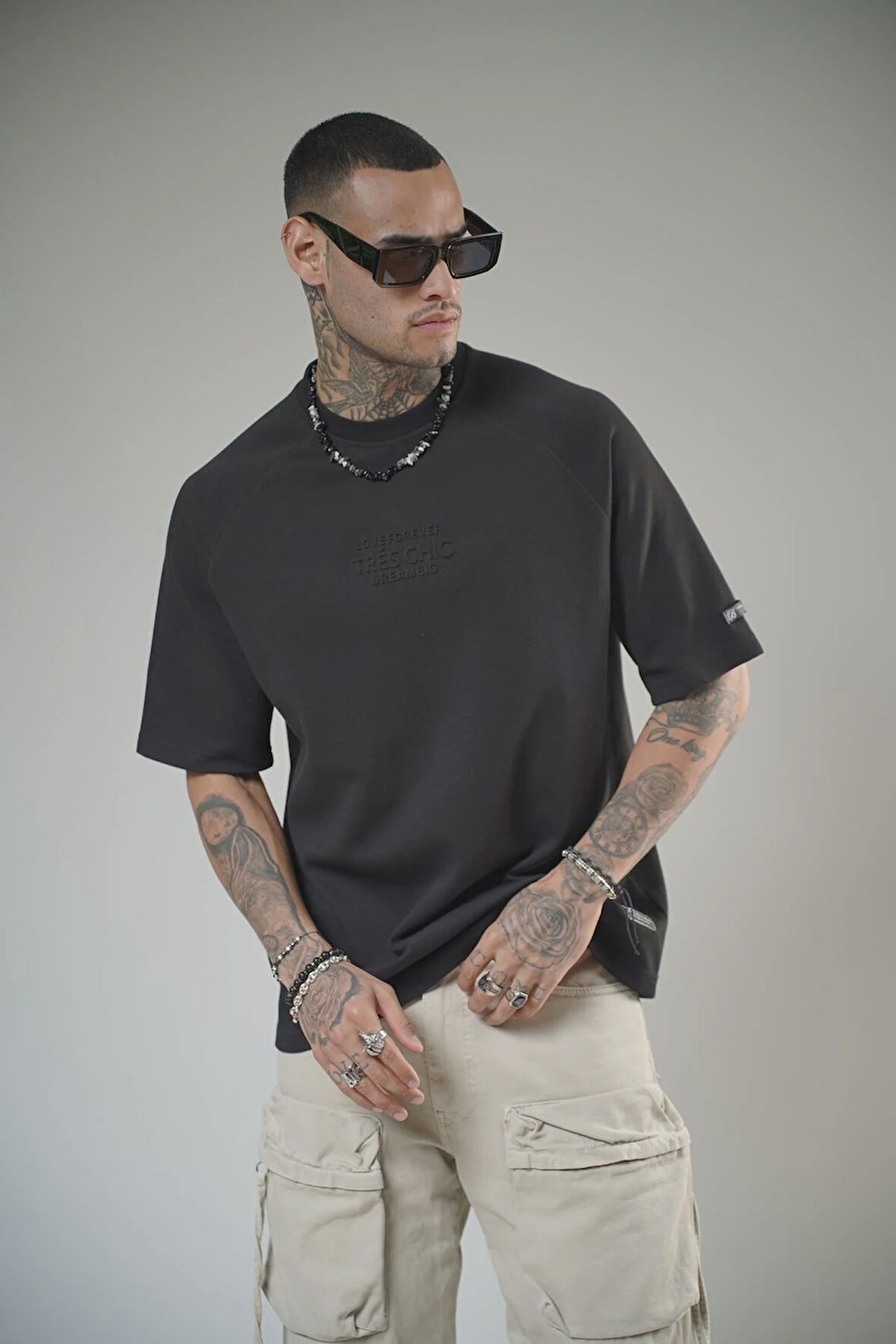 Kabartma Baskılı Reglan Kol Unisex Oversize Kalıp Tişört