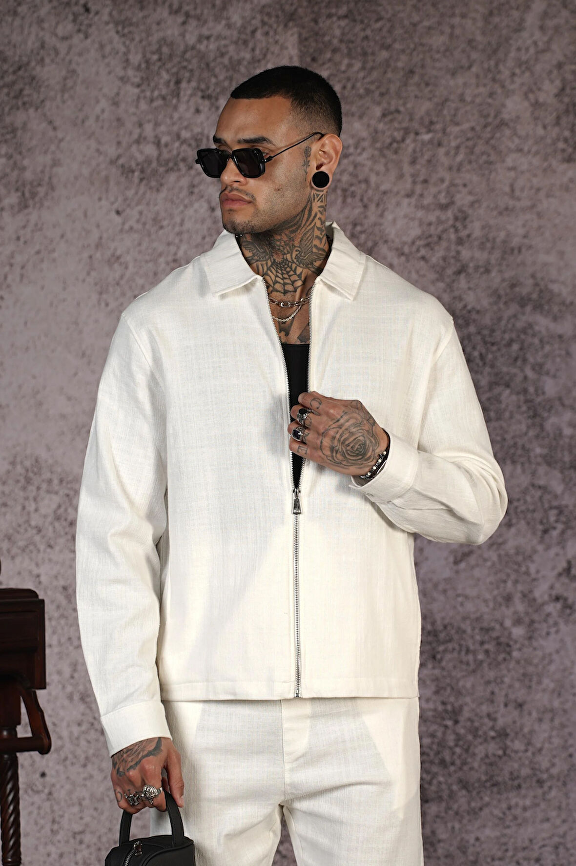 Gömlek Yaka Fermuarlı Keten Alt Üst Takım