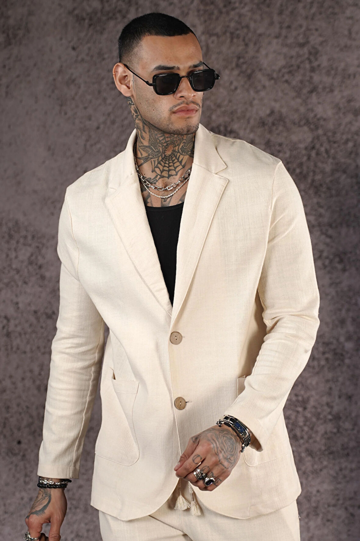 Regular Kalıp Blazer Keten Alt Üst Takım