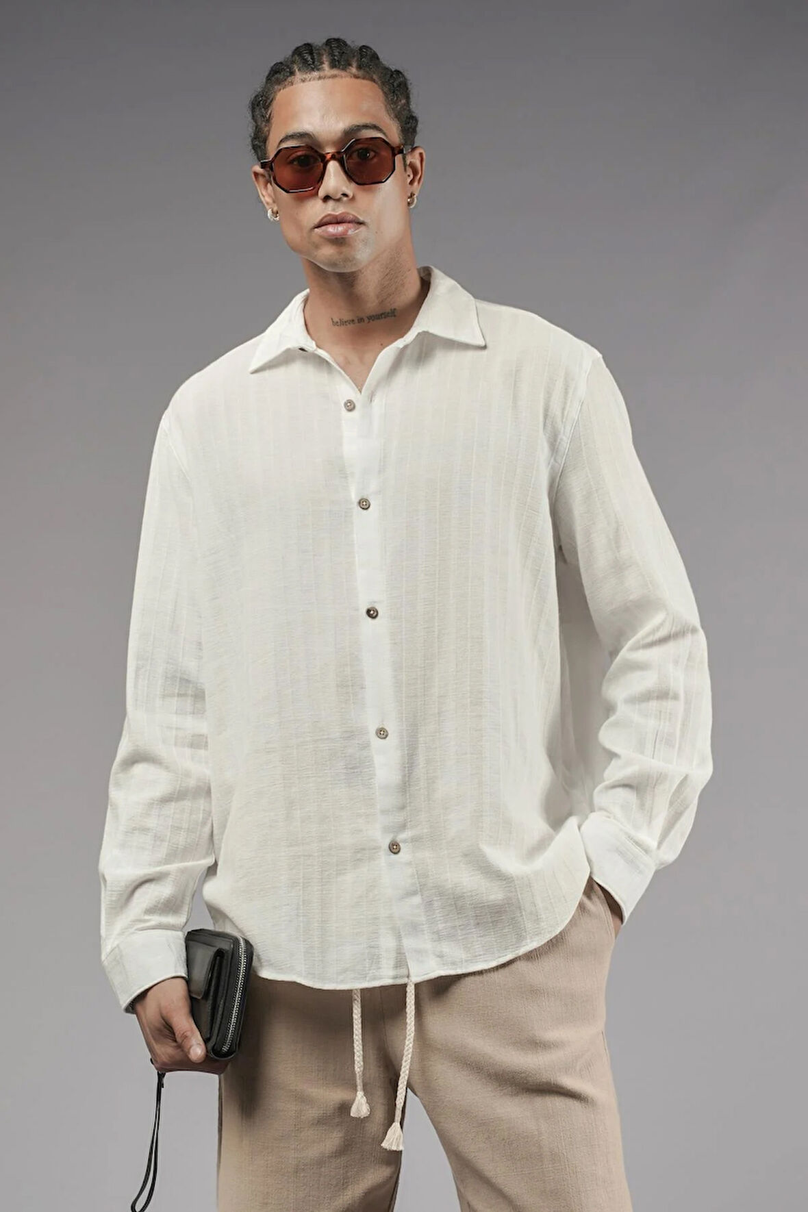 Uzun Kol Düz Keten Gömlek