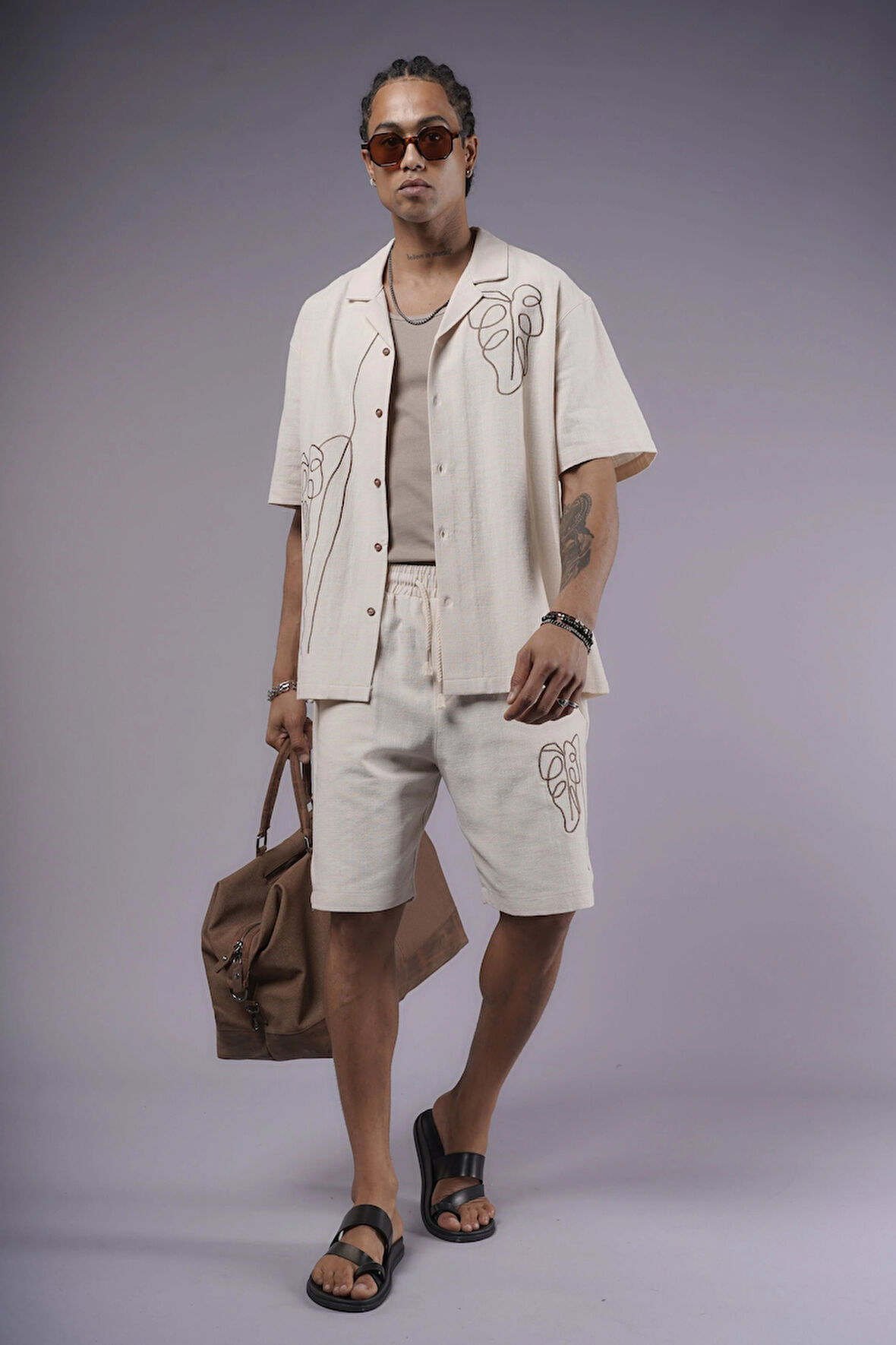 Nakış Detaylı Pamuk Keten Şort Takım