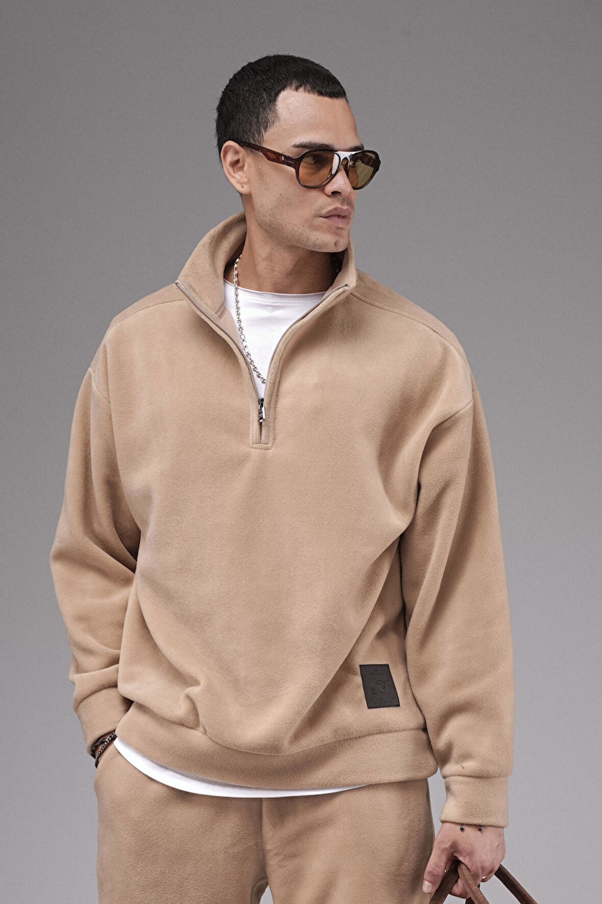 Oversize Kalıp Yakası Fermuarlı Polar Alt Üst Takım