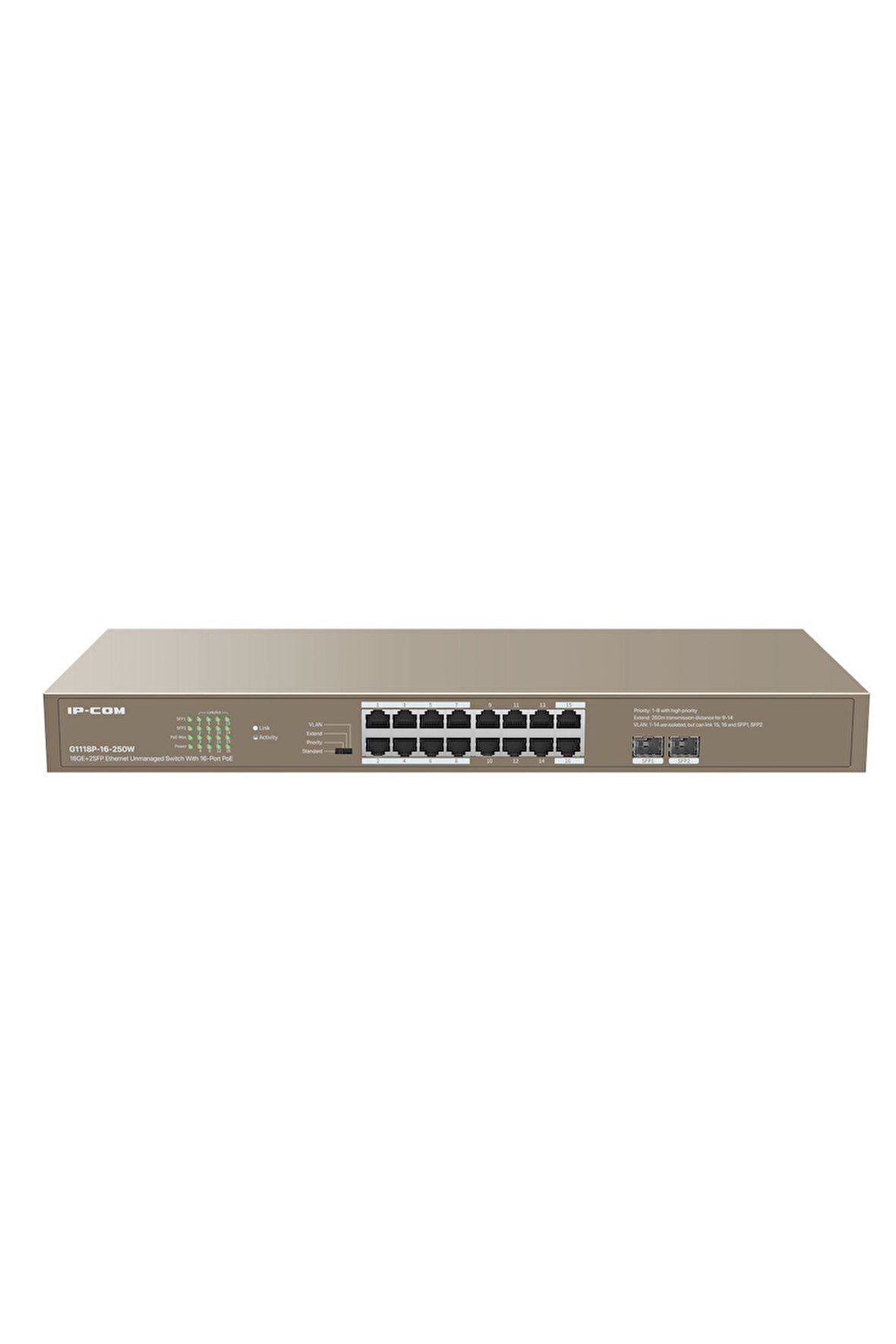 IP-COM - G1118P-16- 250W Unmanaged,16Ge Rj45 Ports Poe,2Gb Sfp Ports 16 Port Poe, 1U Rack M. Metal Case