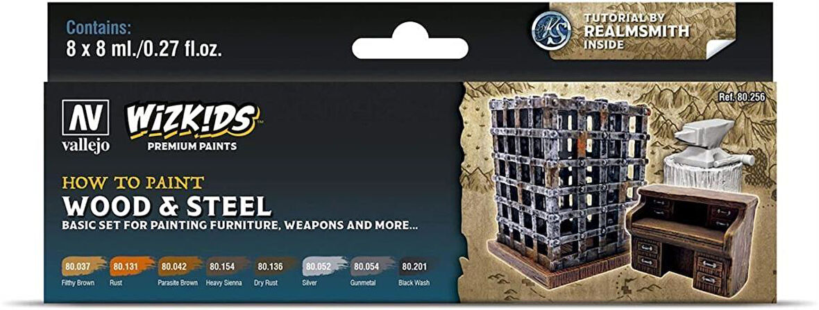 Vallejo 80256 8x8 ml. Premium set, Wood & Steel, Wizkits Serisi Model Boyası Seti
