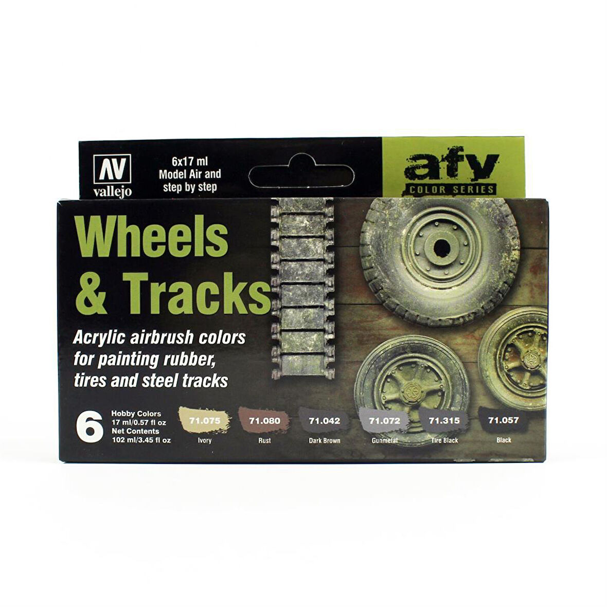 Vallejo 71213 6x18 ml. Wheels & Tracks, Model Air Serisi Model Boyası Seti