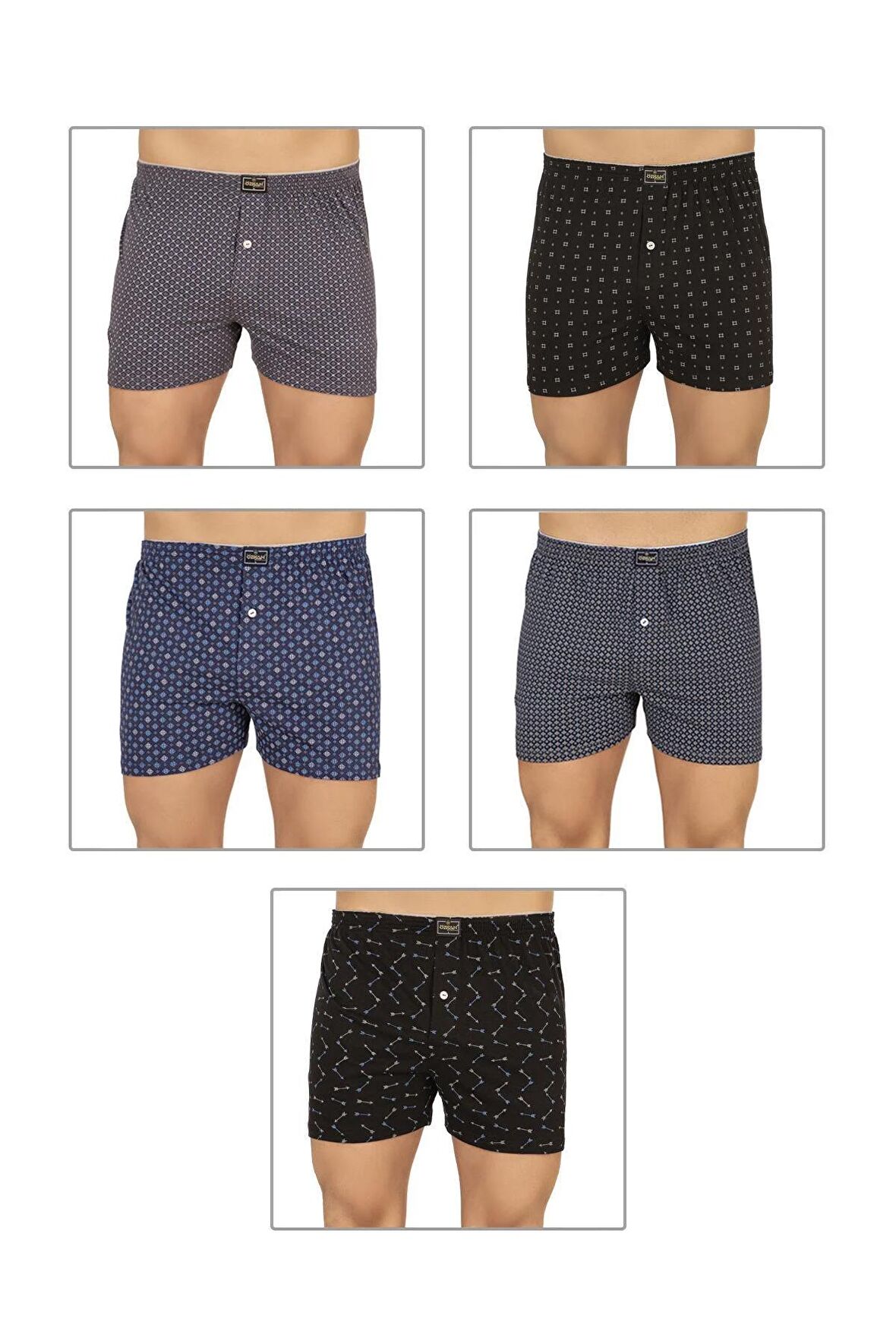 Erkek 5'li Paket Havlu Bel Pamuklu Düğmeli Desenli Boxer | 11112