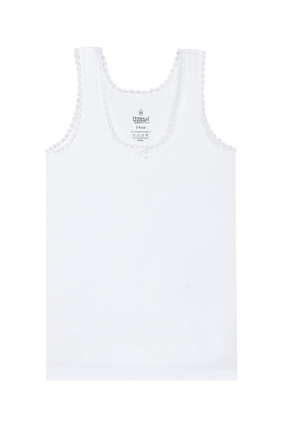 Kız Çocuk %100 Pamuklu Ribana Yakası Dantel Detaylı Kalın Askılı Atlet | Beyaz K1605