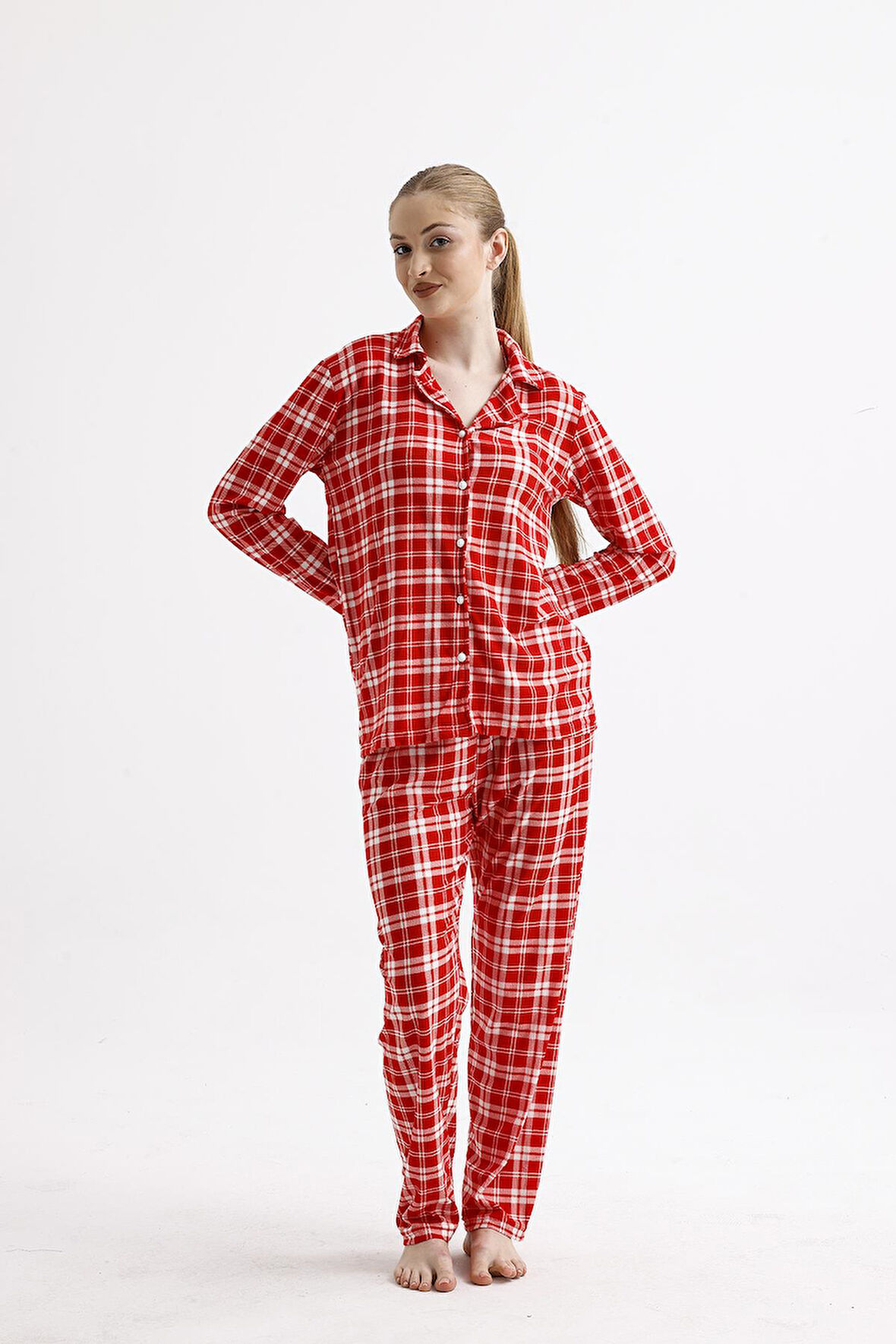 Kadın Süet Önden Düğmeli Pijama Takımı | Ekose Kiremit