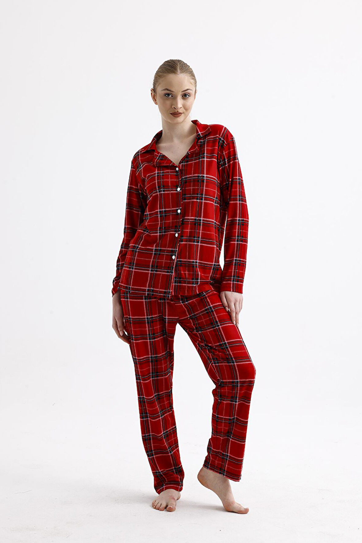 Kadın Süet Önden Düğmeli Pijama Takımı | Ekose Kırmızı