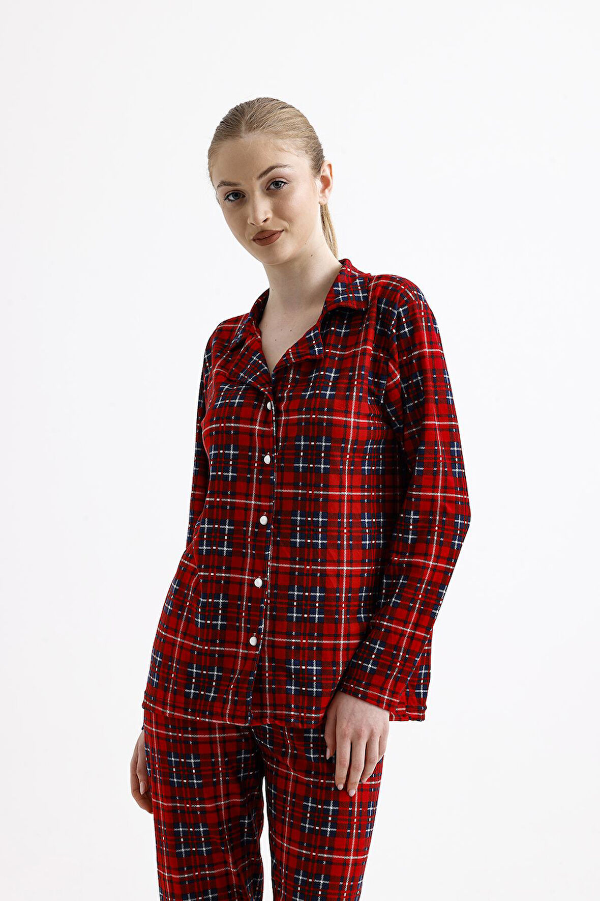 Kadın Süet Önden Düğmeli Pijama Takımı | Ekose Kırmızı - Lacivert