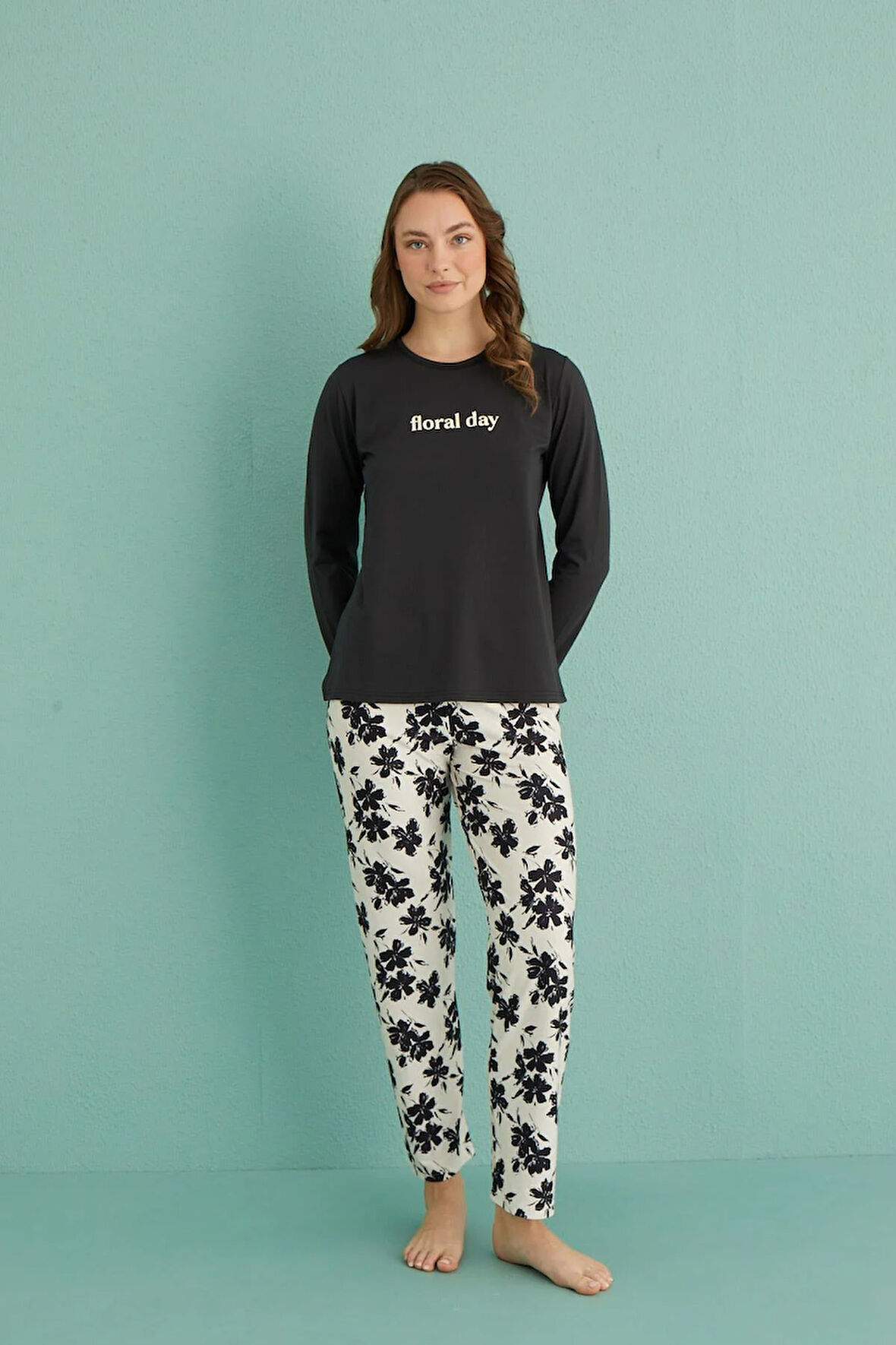 Kadın Genç Marla Bisiklet Yaka Uzun Kollu Pijama Takımı | 30103-7