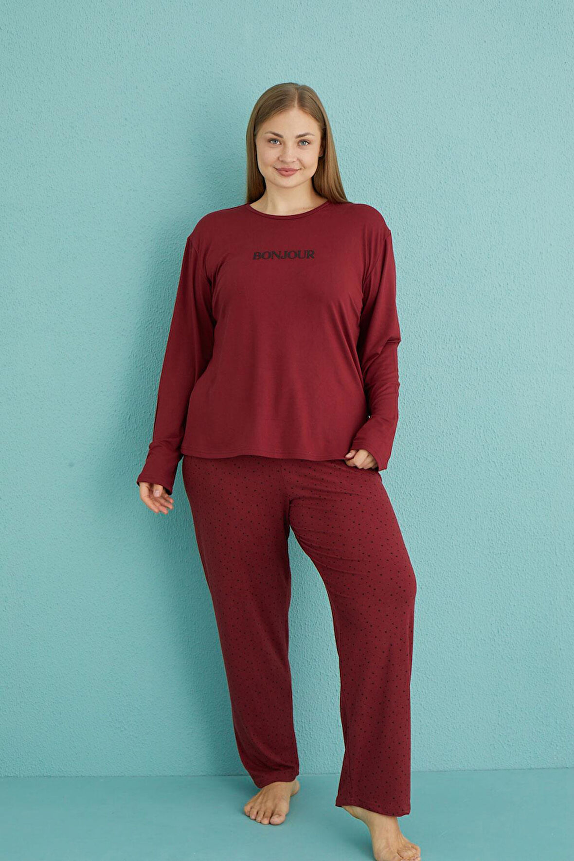 Kadın Battal Milan Bisiklet Yaka Uzun Kollu Pijama Takımı | 50802-34