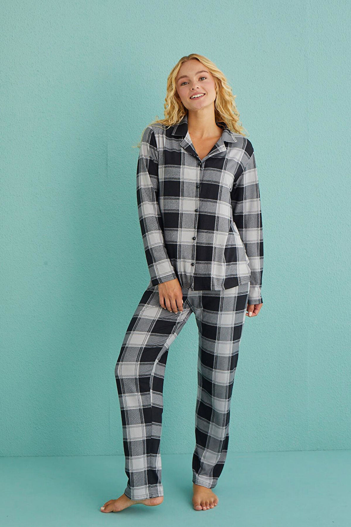 Kadın Genç Milan Önden Düğmeli Uzun Kollu Pijama Takımı | 50701-63