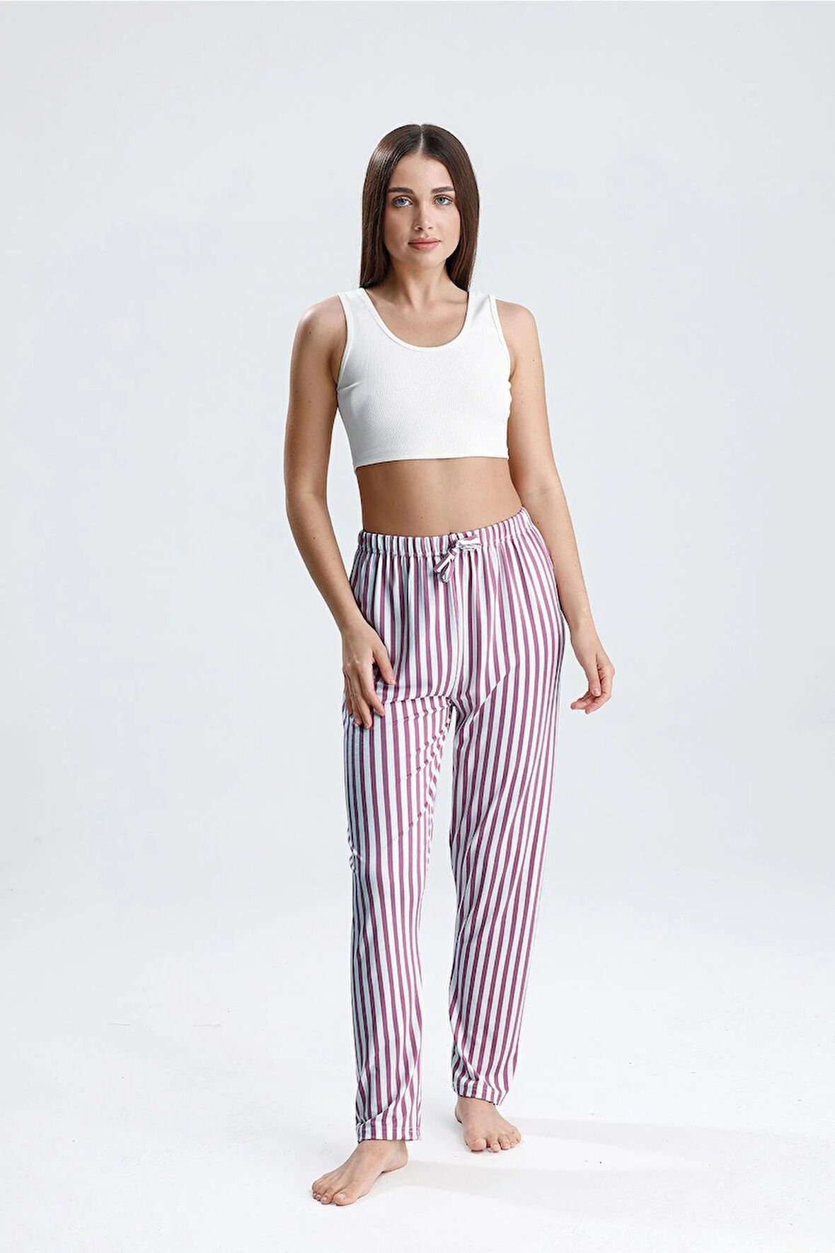 Kadın Dikey Çizgili Uzun Pijama Pantolon | Mor