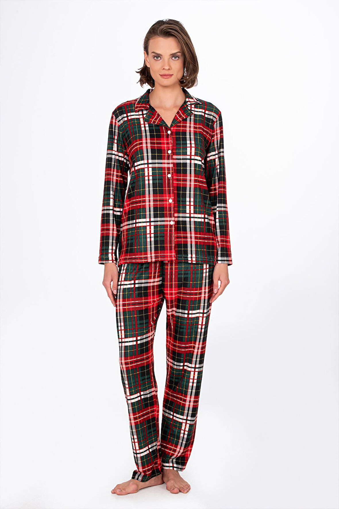 Kadın Süet Önden Düğmeli Pijama Takımı | Yeşil Ekose