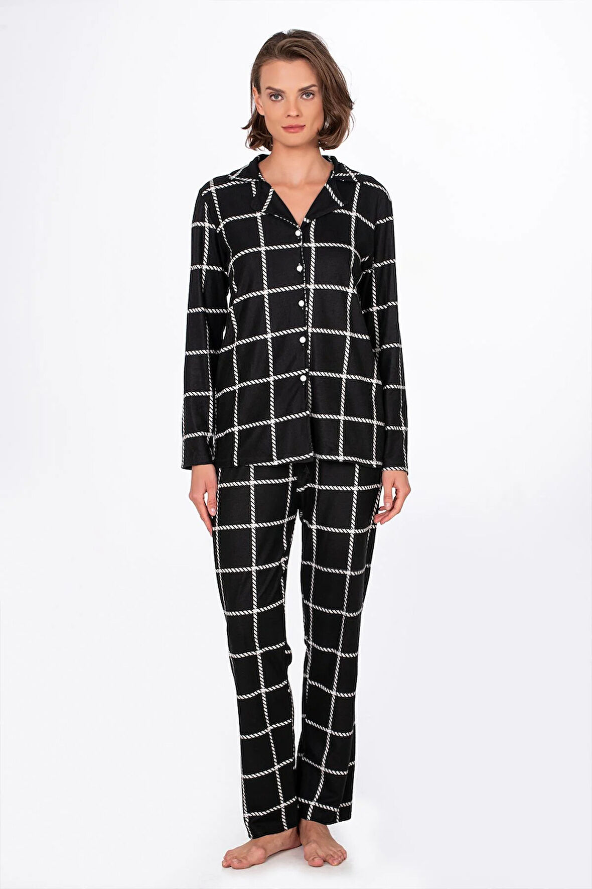 Kadın Süet Önden Düğmeli Pijama Takımı | Beyaz Çizgili