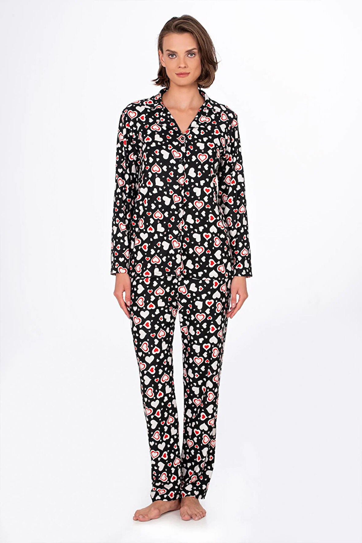 Kadın Süet Önden Düğmeli Pijama Takımı | Kalpli