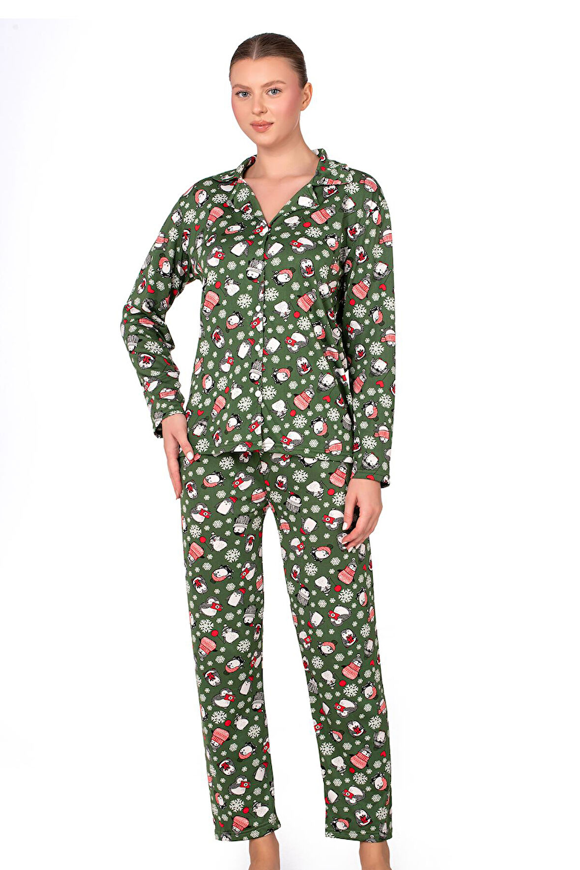 Lizbon Kumaş İçi Şardonlu Yeşil Kış Desenli Önden Düğmeli Kadın Pijama Takımı